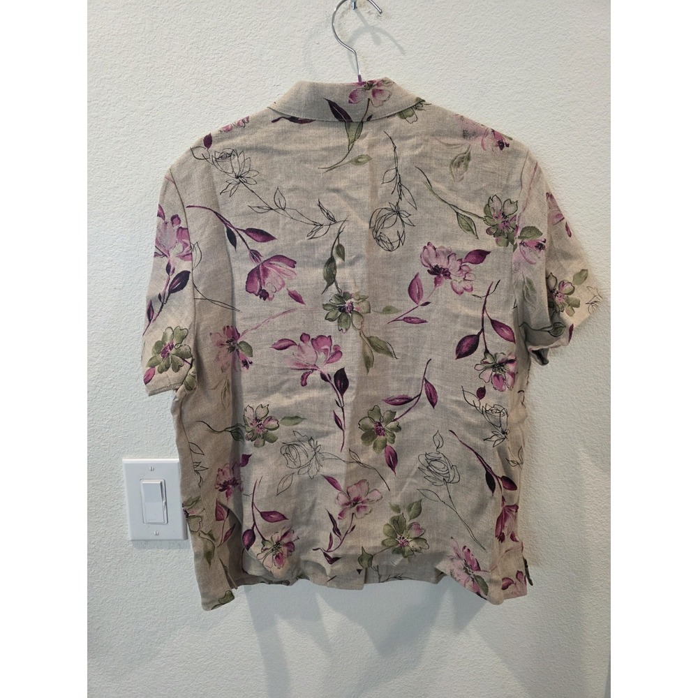 VTG Style & Co Camp Shirt Sz 14P 100% Linen Tan Pink Floral Granola Quiet Luxury - Picture 5 of 5